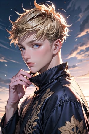 1 man, flowers, outdoor, sky, extreme detailed, realistic, solo, official art, extremely detailed, extreme realistic, beautifully detailed eyes, detailed fine nose, detailed fingers, wearing gold embroidered jacket court uniform costume, high quality, beautiful high detailed blonde short hair. Art Nouveau,vane /(granblue fantasy/),CrclWc,centralasia