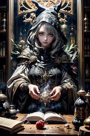 (1girl:1.4), in magic shop where shelves are lined with shimmering potions, spell books whisper ancient secrets, and mystical artifacts gleam with untold power. In the air, the scent of arcane ingredients mixes with the sound of incantations, creating an atmosphere ripe with wonder and possibility. (masterpiece, top quality, best quality, official art, beautiful and aesthetic:1.2), silver-white hair, extreme detailed, highest detailed, dynamic pose, (beautiful witch with long hair), (lash grazing bangs, straight hair), white tunic with intricate embroidery, layered with a velvet dark green cloak, (medieval fantasy), 