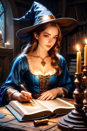 (masterpiece, top quality, best quality, official art, beautiful and aesthetic:1.2), A witch engrossed in the study of magic, glowing magic array on the spellbook,  (dimly lit workshop:1.2).  portrait, extreme detailed, highest detailed, simple background, 16k, high resolution, perfect dynamic composition, (sharp focus:1.2), super wide angle, high angle, high color contrast, medium shot, depth of field, blurry background, by Leonardo da Vinci