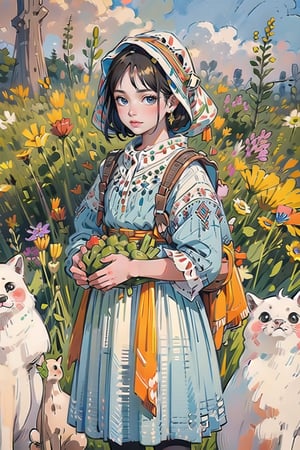 A medieval girl in traditional dress, vegetables and fruits, at a farmer's market, mysterious medieval, masterpiece,High detailed,CrclWc,Detail,watercolor,simplecats,slavic dress