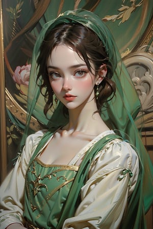 1 girl, in the style of green and white, Renaissance beauty, by Raphael, Color Booster,masterpiece,oil painting,classic painting,High detailed,More Detail,edgRenaissance,wearing edgRenaissance