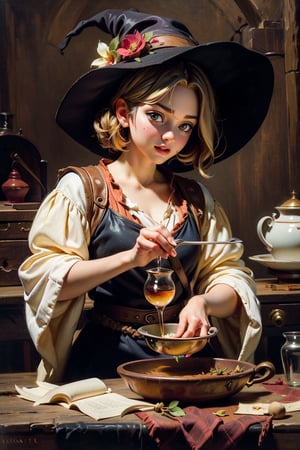 1girl, a medieval witch, makng a magic potion, various potion-making tools, mortar, dried herbs and plants, spring color palette, medieval traditional attire, magic potions, by Rembrandt, masterpiece,More Detail, vivid colors,
(masterpiece, top quality, best quality, official art, beautiful and aesthetic:1.2), extreme detailed, highest detailed, ,Masterpiece,Half-timbered Construction