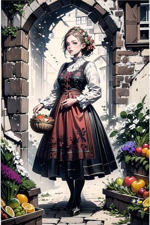 A medieval girl in traditional dress, vegetables and fruits, at a farmer's market, mysterious medieval, masterpiece,High detailed,CrclWc,Detail,Half-timbered Construction,INK art,polish dress