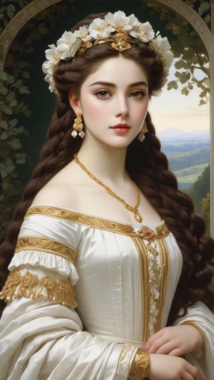 A protrait, resplendent ornate girl, wearing white taffeta dress, by Bouguereau