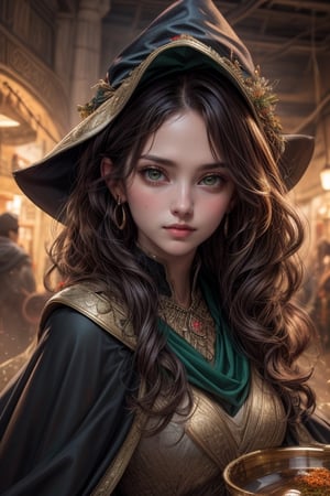 (masterpiece, top quality, best quality, official art, beautiful and aesthetic:1.2), (1girl:1.4), upper body, brown hair, portrait, extreme detailed, highest detailed, dynamic pose, head to thigh, (beautiful witch with wavy hair), dark green cloak, cape, (medieval fantasy), (Baghdad bazaar), herbs, crystals, spices, potions, streets, (close up shot, face focused),