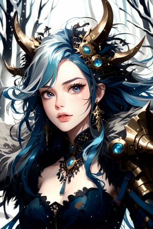 A fierce Norse female warrior wielding a battle axe in a snowy forest. 1girl, solo, powerful long hair, looking at viewer, blue eyes, simple background, hair ornament, hair between eyes, jewelry, upper body, earrings, lips, fur trim, eyelashes, gem, tassel, portrait, beads, Yanjun Cheng style, hazy beauty, emo,  frowning, angry, sharp eyes, rebellious, fierce, tight lips. Intricate earrings, dirty worn hardcore style, long boots, creating a magical style, high brightness and low color palette, masterpiece,Decora_SWstyle,ct-niji2,niji6