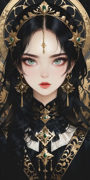 Elegantism, opulent scene, castle, streets, full portrait of a Victorian lady, heroic, black clothes, gold trim. (masterpiece, high quality, 8K, high_res:1.5), surreal picture, extremely detailed, 1girl, solo, long hair, looking at viewer, blue eyes, simple background, hair between eyes, jewelry, earrings, lips, eyelashes, gem, beads, Yanjun Cheng style, hazy beauty, emo, (sharp eyes:1.4), (rebellious:1.4), (fierce:1.4), tight lips. Intricate earrings, magical style, high brightness and low color palette, masterpiece,portraitart,Leonardo Style,dark,dark moody atmosphere