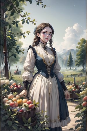 A medieval girl in traditional dress, vegetables and fruits, at a farmer's market, mysterious medieval, masterpiece,oil painting,classic painting,High detailed,CrclWc,victorian dress