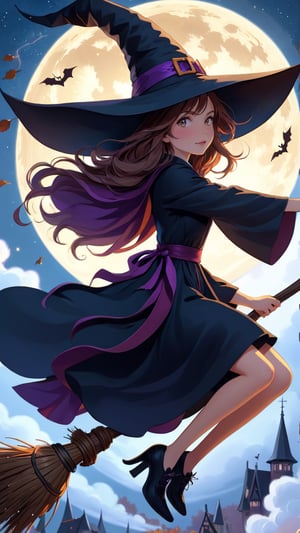 (masterpiece, top quality, best quality, official art, beautiful and aesthetic:1.2), (1girl:1.4), extreme detailed, A witch on a broom, witch robe, witch hat, surreal,magic_broom