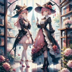 1 witch girl, solo, looking at viewer, blush, short hair, bangs, blue eyes, skirt, long sleeves, hat, full body, pink hair, flower, boots, frills, puffy sleeves, indoors, black footwear, high heels, book, witch hat, rose, red flower, high heel boots, pink skirt, book stack, cat, CrclWc