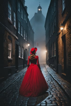 black and white photo, in a cobblestone alley of 18th century London at night, with no people, no lights, lots of fog, a girl walks down the street in red evening dress blown by the wind, a red hat, mysterious atmosphere, (masterpiece, top quality, best quality, official art, beautiful and aesthetic:1.2), (1girl:1.4), portrait, extreme detailed, highest detailed, simple background, 16k, high resolution, perfect dynamic composition, bokeh, (sharp focus:1.2), super wide angle, high angle, high color contrast, medium shot, depth of field, blurry background, low light, mysterious scene, sleepy hollow style, moody colors,dark,dark moody atmosphere,