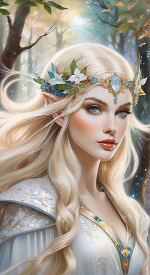 A beautiful elven princess with flowing hair and elegant robes, surrounded by enchanted forests and shimmering light. Blonde hair, forehead necklace, noble and elegant, detailed exquisite face, bold high quality, high contrast, vibrant colors, by Gustav Klimt and (karol bak),art_booster,DonMS4kur4XL