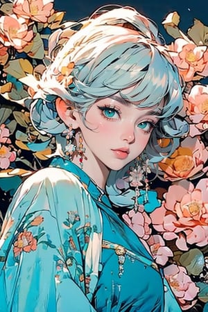 anime delicate detailed concept art, masterpiece, ultra realistic illustration, ultra hires, ultra highres, BREAK woman, sparkling beautiful eyes, blue eyes, silver hair, flat bangs, flower dress, colorful, vibrant colors, darl background, green theme, beautiful colorful flowers backgrounds, exposure blend, medium shot, bokeh, f/5.6, 200mm, (hdr:1.4), high contrast, (cinematic, teal and orange:0.85), (muted colors, dim colors, soothing tones:1.3), low angle saturation,from below, looking away, Shinkai makoto, //Lighting atmospheric lighting, volumetric lighting, light_particles, soft light, soft shadow, fine detailed, volumetric top lighting,hanfuandflower,yu fuhua