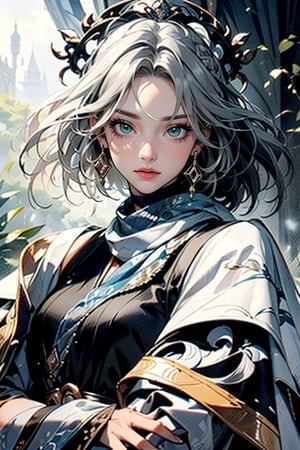 ((Enchanting)) forest scene, 1 girl, wearing attractive bard costume, flowing tunic with intricate embroidery, velvet cloak, scarf, wide belt with colorful ribbons and trinkets, leather boots. layered braid adorned with a glamorous scarf or headpiece, delicate, mysterious smile, wisdom and creativity, (((silver-white hair))), short hair, straight line cut bangs, blunt bangs, extreme detailed, realistic, solo, beautifully detailed eyes, detailed fine nose, detailed fingers,(masterpiece, top quality, best quality, official art, beautiful and aesthetic:1.2),(1girl:1.4), portrait,,extreme detailed, highest detailed,(aristocracy:1.3), landscape,oil painting,leonardo