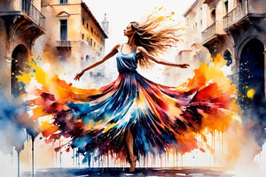 A watercolor-rendered pen sketch featuring splatter art, chaotic rendering, and a post-apocalyptic vibe. A Bohemian maiden dancing in the town square, her long hair and flowing skirt swaying with her graceful movements, exuding beauty and allure. The background depicts a town square at dawn, with three-dimensional lighting effects and backlighting, masterpiece. Made in canvas, ultra realistic, dripping paint, skirt made entirely of coloured paint and splattered with paint, abstract, dancing, dynamic pose, dancing pose,liquid dress,liquid dress,oil paint