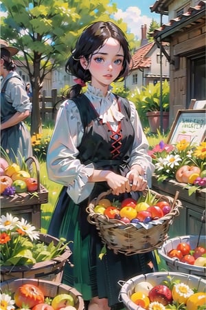 A medieval girl in traditional dress, vegetables and fruits, at a farmer's market, mysterious medieval, masterpiece,High detailed,watercolor,polish dress