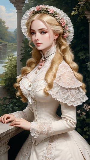 A girl in the Victorian era, outdoor, (masterpiece, top quality, best quality, official art, beautiful and aesthetic:1.2), (1girl:1.4), blonde hair, portrait, extreme detailed, highest detailed,hubggirl