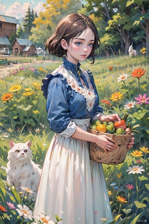 A medieval girl in traditional dress, vegetables and fruits, at a farmer's market, mysterious medieval, masterpiece,High detailed,CrclWc,Detail,watercolor,simplecats,victorian dress
