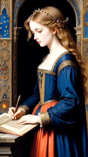 (masterpiece, top quality, best quality, official art, beautiful and aesthetic:1.2), (1girl:1.4), extreme detailed, A female astrologer transcribing information, (medieval manuscript style) mixed with Gustave Moreau's painting style,better photography