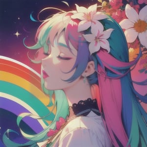 1girl, solo, long hair, hair ornament, blue hair, closed eyes, pink hair, flower, multicolored hair, hair flower, from side, eyelashes, profile, makeup, lipstick, portrait, red lips, colorful, rainbow hair,  white backgound, DonMM3l4nch0l1cP5ych0,Mysticstyle