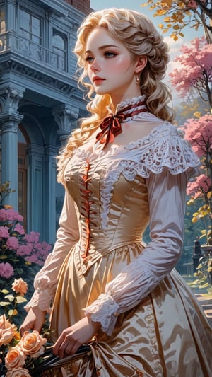 A girl in the Victorian era, outdoor, (masterpiece, top quality, best quality, official art, beautiful and aesthetic:1.2), (1girl:1.4), blonde hair, portrait, extreme detailed, highest detailed, colorful,victorian dress,hoopdress,