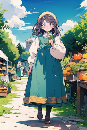 A medieval girl in traditional dress, vegetables and fruits, at a farmer's market, mysterious medieval, masterpiece,High detailed,watercolor,edgRenaissance,cartoon