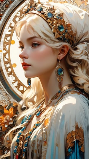 (Byzantine Heads: Blonde) by Mucha: a blonde hair girl wears a white scarf in her hair embellished with jewels and an ornate metal disk fringed with pearls. (masterpiece, top quality, best quality, official art, beautiful and aesthetic:1.2), (1girl:1.4), portrait, extreme detailed, highest detailed, simple background, 16k, high resolution, perfect dynamic composition, bokeh, (sharp focus:1.2), super wide angle, high angle, high color contrast, medium shot, depth of field, blurry background,,itacstl,3g3Kl0st3rXL