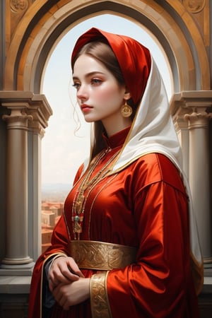 A portrait of Byzantine style female clergy, red and white clothes, gold details. (masterpiece, top quality, best quality, official art, beautiful and aesthetic:1.2), (1girl:1.4), portrait, extreme detailed, highest detailed, simple background, 16k, high resolution, perfect dynamic composition, bokeh, (sharp focus:1.2), super wide angle, high angle, high color contrast, medium shot, depth of field, blurry background, by Leonardo da Vinci, in the style of esao andrews, 