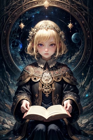 A beautiful witch in white, reading a grimoire in a starry night, in an enchanting forest, surrounded by mystical atmosphere and magical ambiance, glitters, glowing particles, misty. (masterpiece, top quality, best quality, official art, beautiful and aesthetic:1.2), (1girl:1.4), upper body, blonde hair, portrait, extreme detailed, fantasy art, intricate arcane wiccan designs,  by Yoshida Akihiko and Kay Nielsen,Enhance
