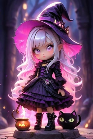 A witch. Digital painting, ultra-detailed, cinematic, masterpiece, beautiful and aesthetic, vibrant color, exquisite details and textures, Warm tone, ultra realistic illustration, (cute girl, 3year old:1.5), cute eyes, big eyes, (a sullen look:1.2), 16K, (HDR:1.4), high contrast, bokeh:1.2, lens flare, siena natural ratio, children's (1girl, whimsical cute young witch, full body shot, ral-vltne, elaborate witch outfit, elaborate witch hat, dress of vibrant colors, golds, reds, purples, lace up victorian boots on her feet. cats, potions, cauldron, elaborate witch lair, unreal, mystical, luminous, surreal, high resolution, sharp details, in 8k resolution), ultra hd, realistic, vivid colors, highly detailed, UHD drawing, perfect composition, beautiful detailed intricate insanely detailed octane render trending on artstation, 8k artistic photography, photorealistic concept art, soft natural volumetric cinematic perfect light, .chibi,Xxmix_Catecat,Tim Burton Style, Cyberpunk Fantasy