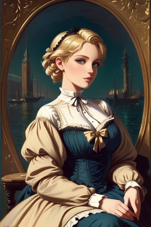A girl in the Victorian era, promenade attire, (masterpiece, top quality, best quality, official art, beautiful and aesthetic:1.2), (1girl:1.4), vivid color, colorful, blonde hair, extreme detailed, highest detailed,oil painting,masterpiece,classic painting,BrgEy