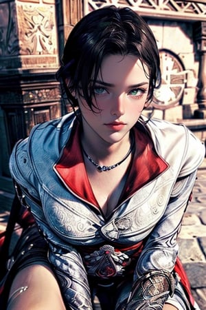 (assassin's creed version:1.2), a female assassin, dynamic pose, extreme detailed, realistic, solo, beautifully detailed eyes, detailed fine nose, detailed fingers, (head to thigh portrait:1.4),(masterpiece, top quality, best quality, official art, beautiful and aesthetic:1.2),(1girl:1.4),  portrait,,extreme detailed, highest detailed,ezio_soul3142