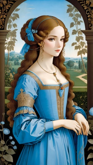 A protrait, resplendent ornate girl in the garden, wearing sky blue taffeta dress, by Leonardo da Vinci,art_booster