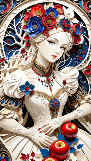 (1 girl:1.2), Snow White with red apple, Grimm's fairy tale and the Renaissance by bosch, maximalism luxury and vibrant, gold and white, upper body, smooth and beautiful lines, white art nouveau background, ultra-realistic, fine textures and rich details of paper sculpture art, depth of three-dimensional sense, colorful, the image has a mysterious, extremely luminous and bright design, papercut