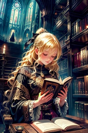 A beautiful witch reading a book in an enchanting library, surrounded by mystical atmosphere and magical ambiance. (masterpiece, top quality, best quality, official art, beautiful and aesthetic:1.2), (1girl:1.4), upper body, blonde hair, portrait, extreme detailed, by Yoshida Akihiko,Kay Nielsen,