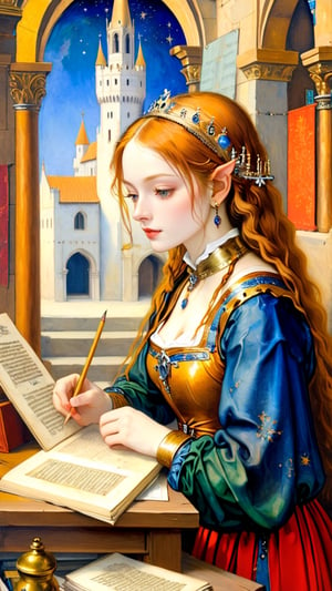 (masterpiece, top quality, best quality, official art, beautiful and aesthetic:1.2), (1girl:1.4), extreme detailed, A female astrologer transcribing information, (medieval manuscript style) mixed with Gustave Moreau's painting style,dal-6 style,hubggirl,art_booster