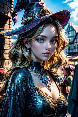 (masterpiece, top quality, best quality, official art, beautiful and aesthetic:1.2), (1girl:1.4), upper body, blonde hair, portrait, extreme detailed, highest detailed, dynamic pose, head to thigh portrait, (beautiful, sensual witch with wavy hair), (medieval fantasy, bustling town square), wide shot, ,1 girl,Studio Ghibli