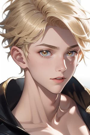 1 cool, handsome man with sharp eyes, ((blank background)), head and shoulders portrait, short hair, blonde hair, shining golden eyes, warrior, large forehead,2b,1guy,1girl,vane /(granblue fantasy/),centralasia, ,cute blond boy,More Detail