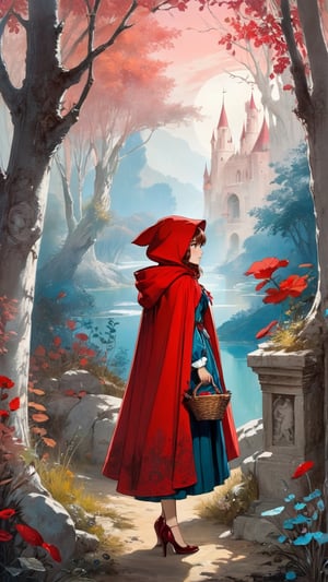 (1 girl:1.2), 'Little Red Riding Hood', Grimm's fairy tale and the Renaissance by Gustave Moreau, maximalism luxury and vibrant, daytime, outdoor, landscape, pastel colors, smooth and beautiful lines, ultra-realistic, fine textures and rich details, colorful,
