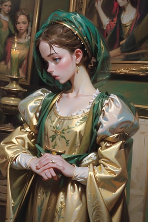 1 girl, in the style of green and gold, Renaissance beauty, by Raphael, Color Booster,masterpiece,oil painting,classic painting,High detailed,More Detail,edgRenaissance