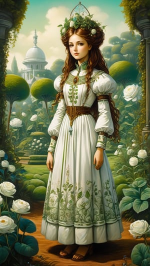 A protrait, resplendent ornate girl in the garden, wearing light green and white folk dress, by Leonardo da Vinci, in the style of esao andrews,Renaissance Sci-Fi Fantasy