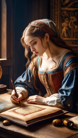 (masterpiece, top quality, best quality, official art, beautiful and aesthetic:1.2), (1girl:1.4), extreme detailed, A female astrologer transcribing information, (medieval manuscript style) mixed with Leonardo da Vinci's painting style,