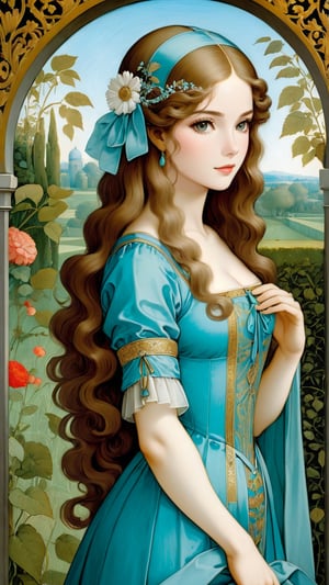 A protrait, resplendent ornate girl in the garden, wearing aqua blue dress, by Leonardo da Vinci,art_booster