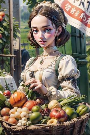 A medieval girl in traditional dress, vegetables and fruits, at a farmer's market, mysterious medieval, masterpiece,oil painting,classic painting,High detailed,CrclWc,edgRenaissance