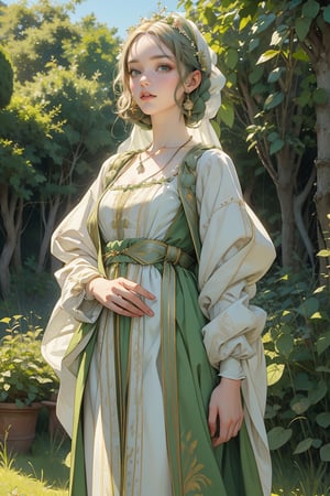 A serene maiden, clad in ethereal robes of pale green and creamy white, stands amidst a lush verdant backdrop, Renaissance beauty, by Raphael, masterpiece,Colors,edgRenaissance,Color Booster