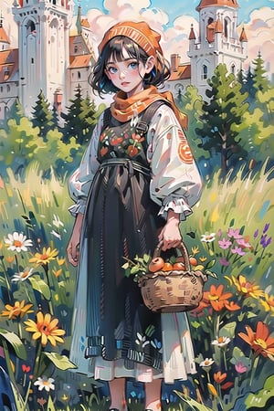 A medieval girl in traditional dress, vegetables and fruits, at a farmer's market, mysterious medieval, masterpiece,High detailed,watercolor,simplecats,polish dress