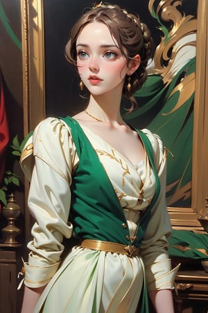 1 girl, in the style of green and white, Renaissance beauty, by Raphael, Color Booster,masterpiece,oil painting,classic painting,High detailed,More Detail,Colors,edgRenaissance