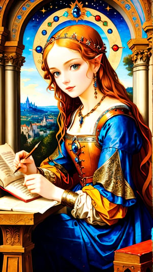 (masterpiece, top quality, best quality, official art, beautiful and aesthetic:1.2), (1girl:1.4), extreme detailed, A female astrologer transcribing information, (medieval manuscript style) mixed with Gustave Moreau's painting style,dal-6 style