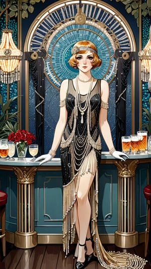 A poster of a flapper girl, evening dress covered in beads or beaded fringe, standing at the bar, (masterpiece, top quality, best quality, official art, beautiful and aesthetic:1.2),art nouveau