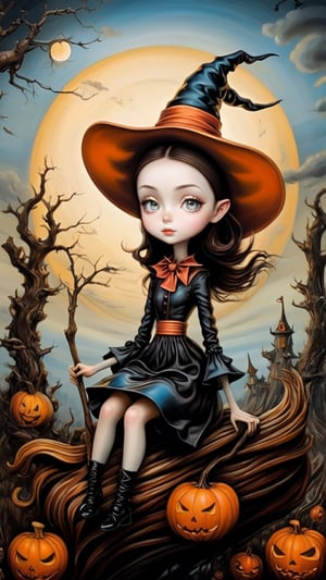 (masterpiece, top quality, best quality, official art, beautiful and aesthetic:1.2), (1girl:1.4), extreme detailed, A witch sitting on a broom, surreal, by mark ryden, in the style of esao andrews, ,Tim Burton Style